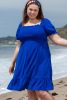 Dark Blue Shirred Ruffled Square Neck Plus Size Mini Dress