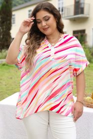 White Abstract Print Short Sleeve Notched Neck Plus Size Top (size: (US 22W-24W)3X)