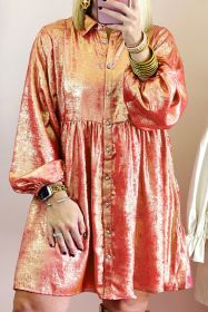 Peach Blossom Metallic Button-up Balloon Sleeve Plus Size Mini Dress (size: (US 22W-24W)3X)