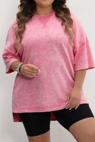 Strawberry Pink Mineral Wash Drop Sleeve Patchwork Plus Size Tee (size: (US 22W-24W)3X)