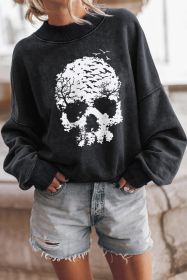 Black Scenery Skull Halloween Graphic Drop Shoulder Sweatshirt (size: (US 8-10)M)