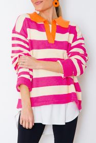 Rose Stripe Color Block Collared V Neck Drop Shoulder Sweater (size: (US 4-6)S)