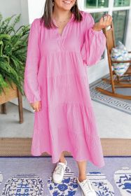 Bonbon Plain Collared V Neck Tiered Loose Fit Midi Dress (size: (US 4-6)S)