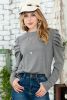Gray Plain Buttoned Puff Long Sleeve Sheath Top