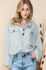 Grey Solid Color Henley Long Sleeve Sweatshirt with Chest Pockets