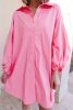Bright Pink Plain Bishop Sleeve Button Up Shirt Dress