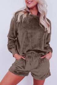 Coffee Solid Loose Fit High Waist Fleece Loungewear Set (size: (US 8-10)M)