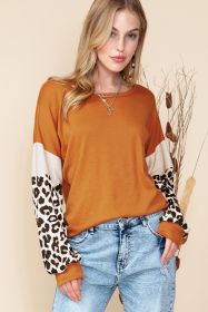 Brown Leopard and Glitter Patchwork Long Sleeve T-Shirt (size: (US 8-10)M)