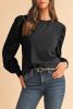 Black Eyelet Embroidered Patchwork Sleeve Ribbed Sweatshirt