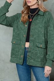 Green Snap Button Casual Flap Pockets Collared Jacket (size: (US 8-10)M)