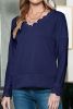 Dark Blue Ribbed Texture Lace Trim V Neck Long Sleeve Top