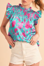 Green Floral Print Ruffled Flutter Shoulder Smocked Blouse (size: (US 4-6)S)