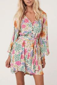 Multicolour Boho Long Sleeve V-Neck Knot Mini Dress (size: (US 4-6)S)