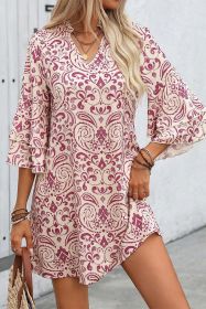 Pink Paisley Print Tiered 3/4 Sleeve Notched Neck Short Dress (size: (US 4-6)S)