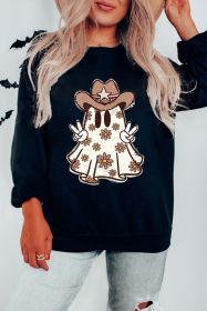 Black Halloween Floral Ghost Print Pullover Graphic Sweatshirt (size: (US 12-14)L)