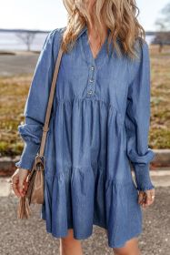 Dusk Blue Smocked Cuff Buttoned Tiered Denim Mini Dress (size: (US 4-6)S)