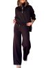 Black Zipper Stand Neck Top and Wide Leg Pants Set