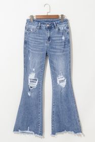 Dusk Blue High Rise Ripped Distressed Hem Flared Jeans (size: 14)