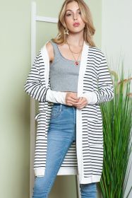 White Striped Side Pockets Open Front Long Cardigan (size: (US 12-14)L)