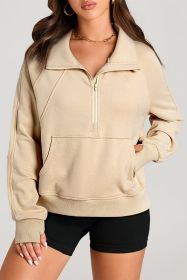 Parchment Quarter Zip Stand Neck Kangaroo Pocket Sweatshirt (size: (US 8-10)M)