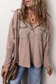 Dark Brown Flap Pocket Patchwork Corded Drawstring Hoodie (size: (US 8-10)M)