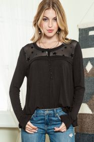 Black Star Print Mesh Patchwork Tunic Blouse (size: (US 4-6)S)
