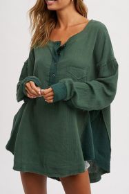 Green Solid Color Crinkled Patchwork Henley Blouse (size: (US 8-10)M)
