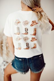 White Double-Side Cowboy Hat & Boots Graphic Tee (size: (US 8-10)M)
