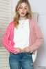 Pink and White Color Block Leopard Print Waffle Knit Long Sleeve Top