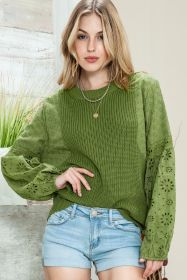 Green Eyelet Drop Shoulder Long Sleeve Pullover Sweater (size: (US 4-6)S)