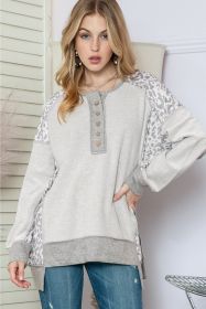 Grey Leopard Print Raglan Sleeve Casual Henley Sweatshirt (size: (US 4-6)S)