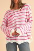 Rose Stripe Distressed Pocket Drop Sleeve Sweater