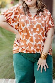 Orange Plus Size 60s Floral Print Drawstring V Neck Short Sleeve Blouse (size: (US 18W-20W)2X)