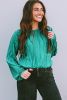 Verdant Solid Color Textured Puff Sleeve Blouse