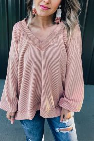Pink V Neck Drop Shoulder Lantern Sleeve Ribbed Top (size: (US 8-10)M)