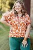 Orange Plus Size 60s Floral Print Drawstring V Neck Short Sleeve Blouse