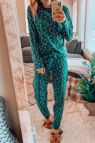 Green Christmas Candy Cane Printed Top and Pants Loungewear Set (size: (US 8-10)M)