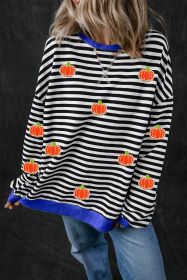 Black Stripe Glitter Halloween Pumpkin Print Oversized Sweatshirt (size: (US 12-14)L)
