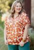 Orange Plus Size 60s Floral Print Drawstring V Neck Short Sleeve Blouse