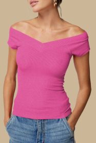 Bright Pink Plain Tight V-Neck Short Sleeve Kint Top (size: (US 8-10)M)