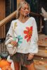 White Vintage 60s Flower Pattern V Neck Lantern Sleeve Sweater