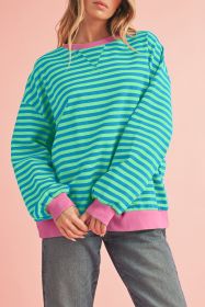 Sky Blue Stripe Contrast Edge Oversized Pullover (size: (US 12-14)L)
