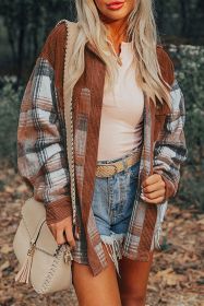 Cinnamon Plaid Corduroy Patchwork Pocket Loose Shacket (size: (US 12-14)L)