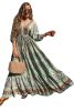 Green Boho Floral Print Backless Drawstring High Waist Maxi Dress