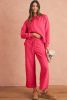 Strawberry Pink Checkered Textured Split Pullover Top and Pants Set