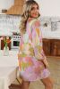 Multicolor Random Abstract Print Frill Split Neck Babydoll Short Dress