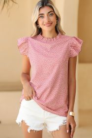 Pink Polka Dot Frilled Neck Ruffle Trim Blouse (size: (US 12-14)L)