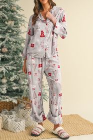 Light Grey Christmas Tree Gifts Print Shirt and Pants Pajama Set (size: (US 4-6)S)