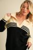 Black Colorblock Stripe Collared V Neck Sweater