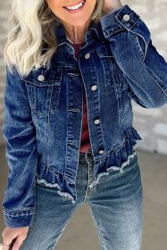 Navy Blue Ruffle Raw Hem Flap Pockets Denim Jacket (size: (US 8-10)M)